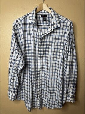 Kirkland Signature Men’s XXL Blue White Plaid Performance Sport Shirt Stretch